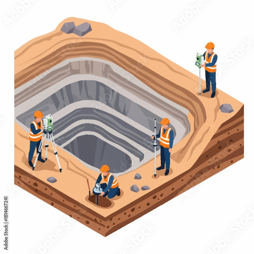 Isometric view of an open pit mine with surveyors and equipment.
