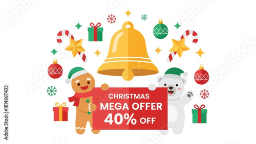 Christmas Mega Offer: A festive illustration of gingerbread man and bear with banner announcing a Christmas mega offer, capturing the spirit of seasonal joy and great deals.