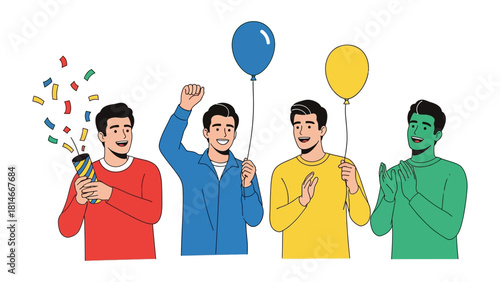 Celebratory Cheer with Balloons: A group of friends celebrates a joyous moment with festive elements like confetti and balloons.