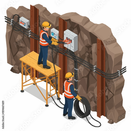 Two male electricians installing electrical wiring and equipment on a rock wall.