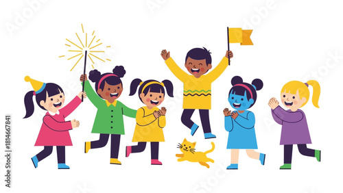 Celebratory Gathering: A group of excited kids, radiate joy, playing happily with props, painted with vibrant colors, this photo captures the essence of youthful delight and cheerful companionship. 