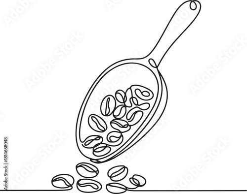 Continuous line art illustration of coffee scoop spilling beans with handmade contour
