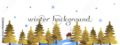 Watercolor vector background with winter forest and snowflakes.