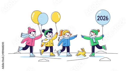 Winter Joy and 2026 Celebration: Cheerful children skating across a snowy landscape, each holding colorful balloons, one proudly displaying the year 2026.