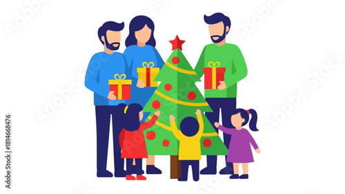 Christmas Gathering of Loved Ones: A heartwarming Christmas scene unfolds as a family gathers around a festive tree, cherishing the spirit of the season with presents and joy.
