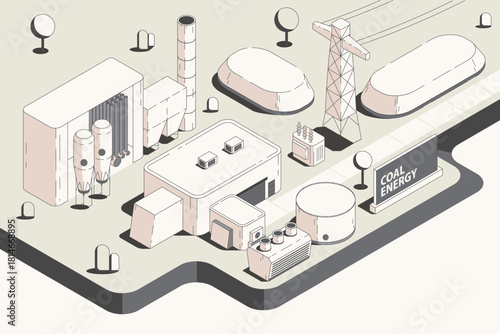 the coal energy, coal fired power plant with isometric graphic
