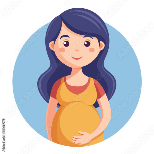 Joyful pregnant woman with dark hair cradling her baby bump with a smile