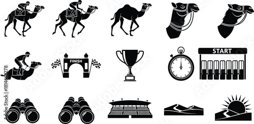 Camel race icons jockey finish line trophy stopwatch start gate binoculars stadium, camel race, camel, jockey, racing, desert, sport, competition, finish line, start gate, trophy, stopwatch, binocular