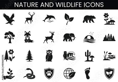Black and white silhouette icons of wildlife and nature elements