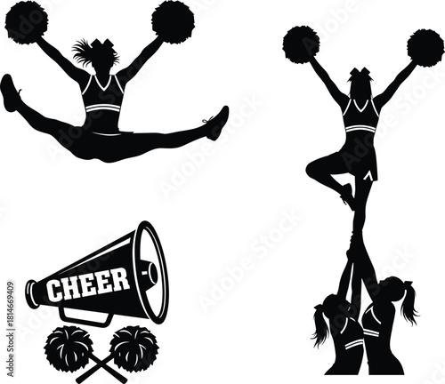 Cheerleaders performing stunts and holding pom poms, cheerleader, cheerleading, pom, megaphone, cheer, sport, team, performance, action, silhouette, black and white, jump, split, stunt, high five, com