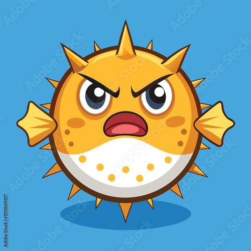 Furious pufferfish with spikes and angry eyes on a blue background