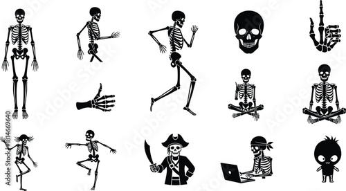 Collection of black skeleton illustrations in various poses and activities, skeleton, human skeleton, bone, anatomy, illustration, black and white, silhouette, standing, running, walking, sitting, med