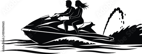 Couple riding jet ski on water with splashes watercraft, jet ski, watercraft, water sport, couple, people, man, woman, riding, driving, speed, motion, water, ocean, sea, lake, river, waves, splashes, 