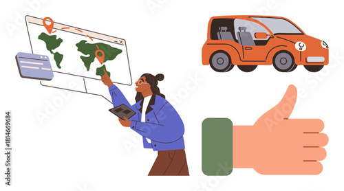 Woman analyzing a global map with location pins using a tablet, next to an orange car and a thumbs-up symbol. Ideal for travel, navigation, logistics, road trips, planning, approval, simple flat
