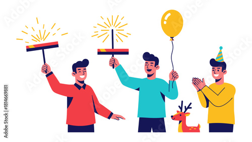 Festive Celebration with Fireworks and Balloons: A jubilant scene of individuals reveling in celebration, lighting fireworks and holding balloons, against a bright background.