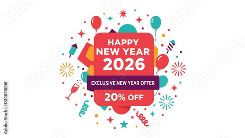 New Year Offer Promotion: A colorful and festive banner announcing a Happy New Year 2026 promotion with an exclusive offer of 20% off, featuring vibrant illustrations of fireworks, balloons.