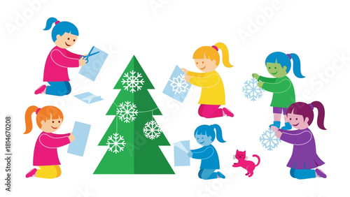 Holiday Cheer: Children decorate a christmas tree with festive spirit and crafting joy. A scene of festive christmas preparation! 