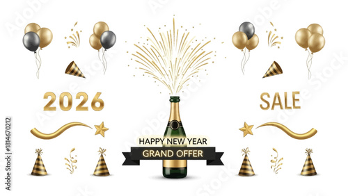 New Year Celebration Composition: Festive composition including balloons, confetti, a champagne bottle, party hats, and text for celebrating the coming year and a sale. 
