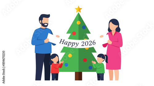 Family Celebrates the New Year: A loving family gathers around a decorated Christmas tree, filled with festive cheer as they anticipate the arrival of 2026.