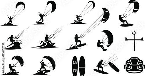 Kiteboarding silhouettes on waves and equipment kitesurfing, kiteboarding, kitesurfing, silhouette, water sport, ocean, waves, surfboard, kite, rider, action, sport, extreme sport, recreation, adventu