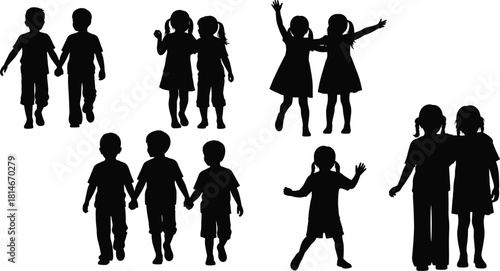 Friendship Kids Silhouettes Vector Graphics, Children Walking, Hugging, and Having Fun Together, Simple Black Design, Youthful Interaction Set