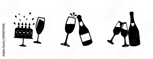 Celebration icons: birthday cake, champagne bottle, and flutes.