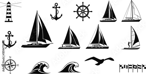 Nautical icons lighthouse anchor sailboat ship wheel waves seagull flags, lighthouse, anchor, sailboat, yacht, ship, boat, sailing, sea, ocean, water, nautical, maritime, marine, travel, vacation, adv