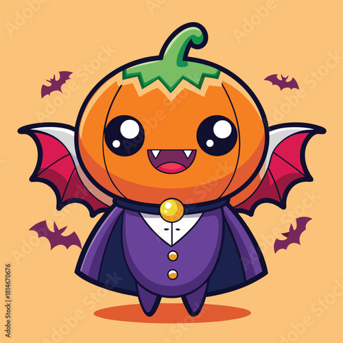 Adorable kawaii vampire pumpkin character with bat wings and dracula costume