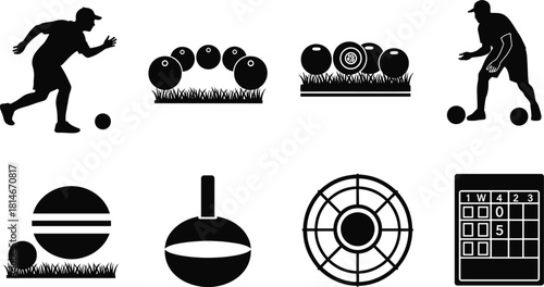 Silhouette icons of lawn bowling players balls and scorekeeping, lawn bowling, bowling, sport, game, silhouette, icon, player, man, throwing, ball, grass, scorecard, score, win, lose, numbers, circle,