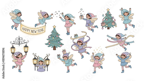 Whimsical Holiday Pixies in Play: Festive pixie illustrations revel in the holiday spirit, sprinkling magic, decorating Christmas trees, and spreading joy. A touch of winter charm.