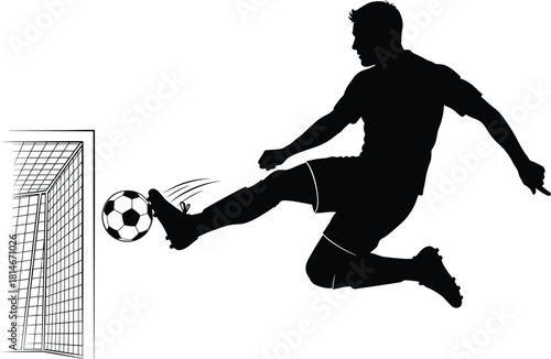 Silhouette soccer player kicking ball towards goal, soccer, football, player, silhouette, kicking, ball, goal, net, action, sport, game, competition, athleticism, movement, dynamic, energy, motion, sp
