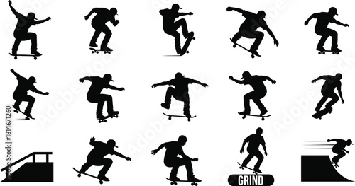 Skateboarder Silhouettes Performing Tricks and Grinding, skateboarder, skateboarding, silhouette, trick, grind, jump, action, sport, extreme sport, young, male, person, dynamic, movement, speed, motio