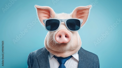 Funny Pig Wearing Sunglasses and Business Suit on Blue Background – Humorous Animal Portrait