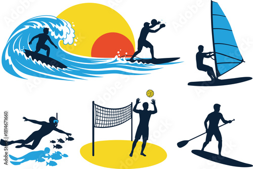 Surfing windsurfing diving volleyball and paddleboarding silhouettes, surfing, surfboard, wave, ocean, water, sun, sunset, windsurfing, sail, board, diving, snorkel, mask, fins, fish, underwater, voll