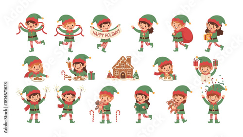 Holiday Elf Ensemble: A whimsical array of holiday elves, each in vibrant attire, playfully engaged in seasonal activities, creating a sense of festive cheer and enchantment.