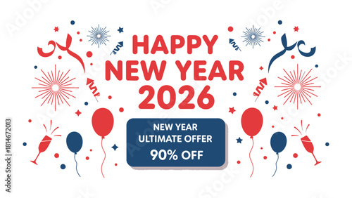 New Year's Eve Celebration: Festive imagery celebrating New Year's Eve, featuring decorations, fireworks, champagne glasses, and balloons, with a sale promotion.