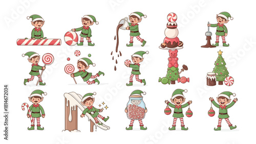 Whimsical Holiday Elf Scenes: A collection of cheerful elves engage in a variety of playful Christmas activities, capturing the spirit of joy and the magic of the holiday season. 