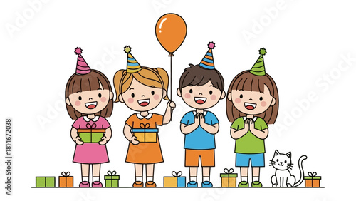 Festive Friends: A joyful gathering of friends celebrating, surrounded by presents and a playful companion.