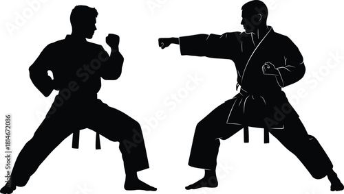 Two black silhouette figures in karate stances martial arts, karate, martial arts, fighting, combat, sport, exercise, training, action, silhouette, black and white, two people, men, athletes, stance, 