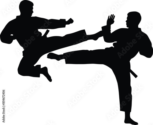 Two black silhouettes of men practicing karate kicks, karate, martial arts, kick, fighting, combat, sport, action, silhouette, black and white, dynamic, movement, training, exercise, discipline, stren