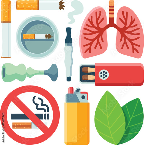 Smoking related objects and lungs illustration cigarette ashtray