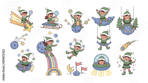 Magical Elf Collection: A vibrant assortment of whimsical elves in dynamic poses, each engaged in imaginative adventures amidst a backdrop of stars, moons, and fantastical elements. 