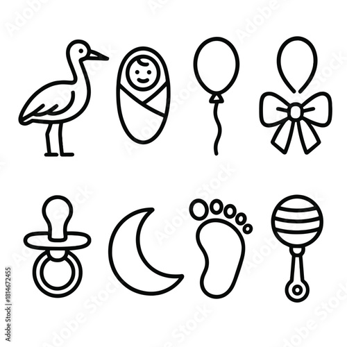 Birth Celebration Icons. Birth celebration concept linear icon set: stork bird, baby swaddle, balloon, bow, pacifier, moon, baby footprint, rattle