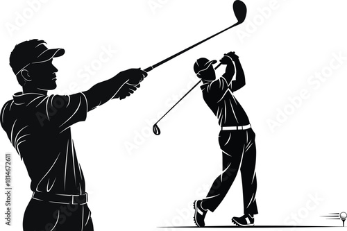 Two golfers swinging clubs on white background sport, golf, golfer, swing, club, sport, athlete, action, silhouette, black and white, white background, golf course, tee, ball, motion, game, leisure, r