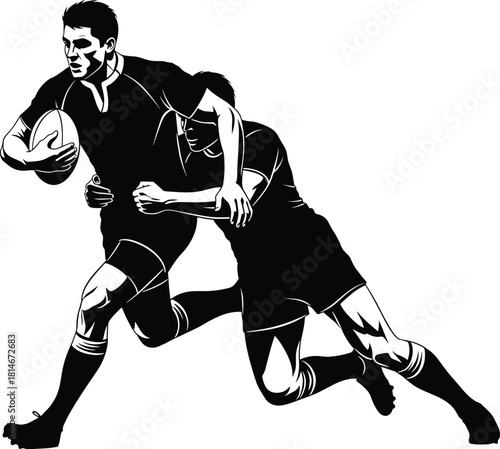 Two male rugby players in black and white action sport, rugby, sport, game, players, men, action, tackle, ball, running, black and white, silhouette, graphic, illustration, athletic, competition, stre