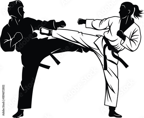 Two martial artists in silhouette fighting with kicks, martial arts, karate, taekwondo, kickboxing, fighting, combat, sport, action, silhouette, black and white, two people, man, woman, male, female, 
