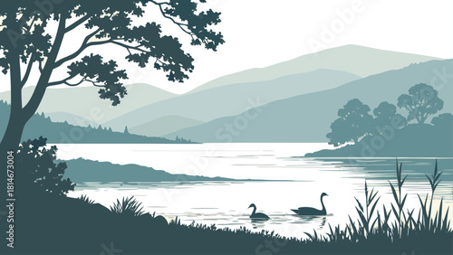 Loch Ness Minimalist Lake Landscape – Calm Scottish Highlands Silhouette, Modern Nature Art, Clean Travel Vector Design