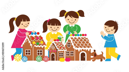 Kids Building Gingerbread House: Cheerful kids gather around and work together to construct a gingerbread house decorated with colorful candies and frosting.