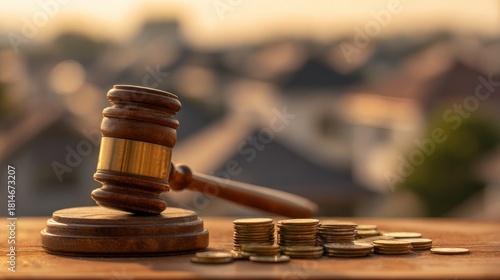 Gavel and coins with soft bokeh background symbolizing finance and legal matters