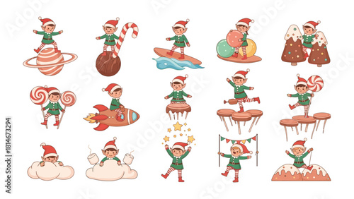  Whimsical Elf Collection: A collection of delightful, whimsical illustrations featuring charming elves in various playful scenarios, exuding a festive holiday spirit.